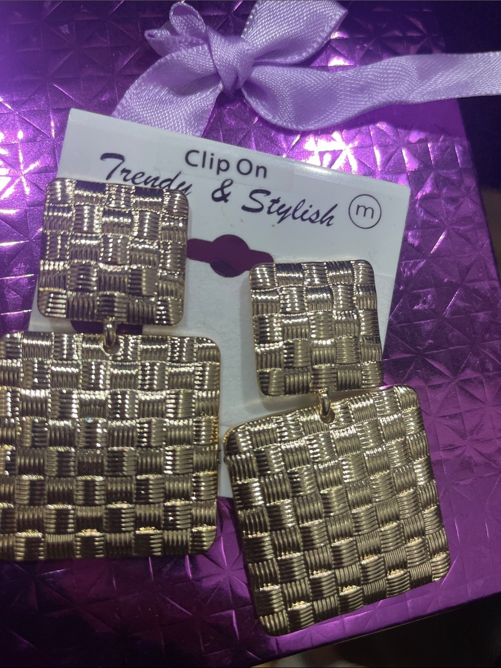 Trendy & Stylish Clip-On Square Textured Gold Earrings